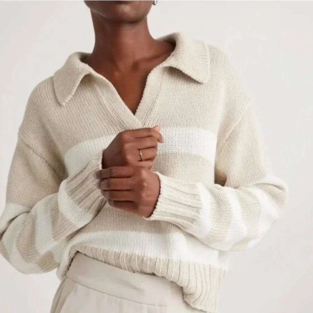 Quince Cream and White Striped V-Neck Sweater - Picture 2 of 15